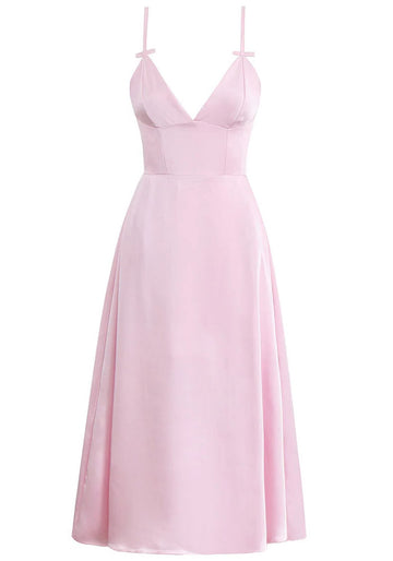 Bow Detail Bustier A Line Midi Dress Pink