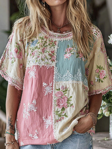 Women's Boho Floral Patchwork Round Neck Linen Blend T-shirt
