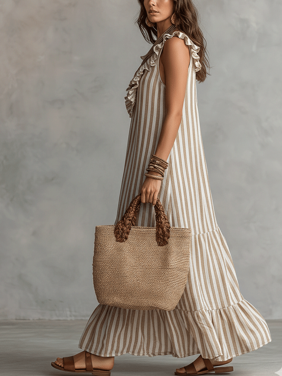 Relaxed Bohemian Ruffle-Trim Striped Maxi Dress