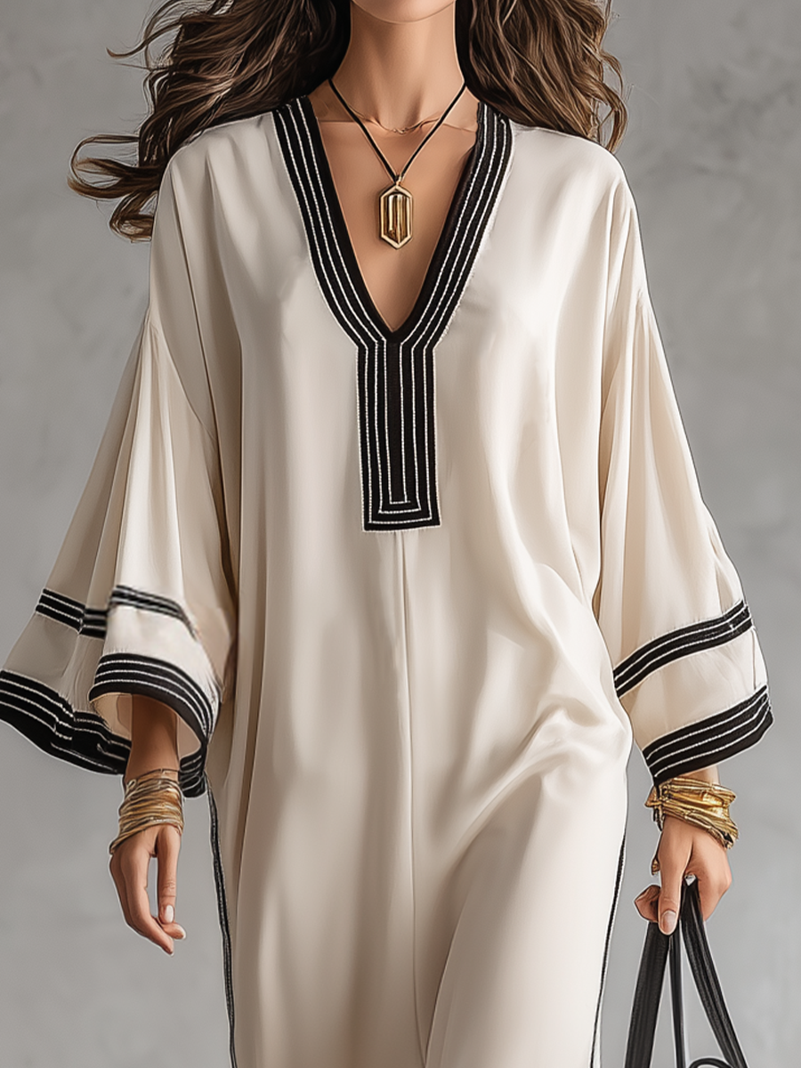 Elegant Contrast Piped Kaftan Maxi Dress