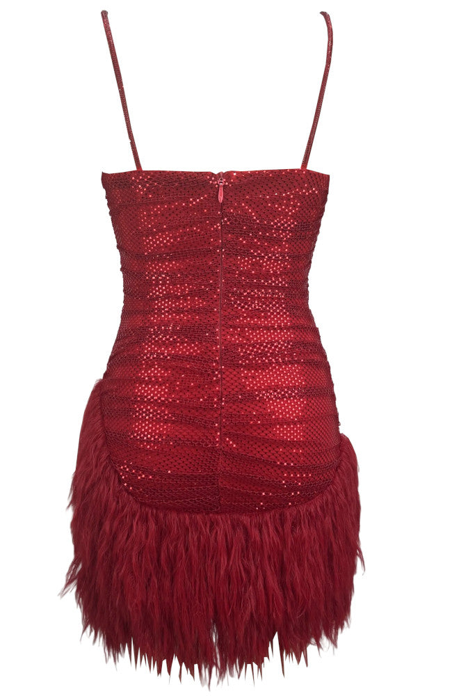 Draped Sparkly Feather Dress Red