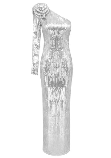 One Sleeve Floral Sequin Maxi Dress Silver