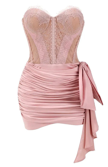 Strapless Lace Corset Draped Dress Pink