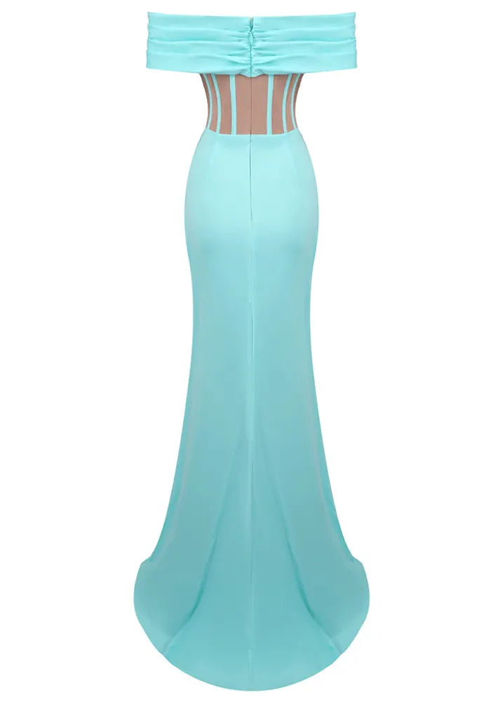 Floral Bardot Crystal Starfish Maxi Dress Turquoise