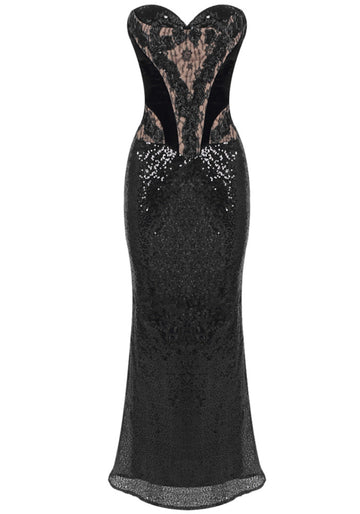Strapless Lace Sequin Maxi Dress Black