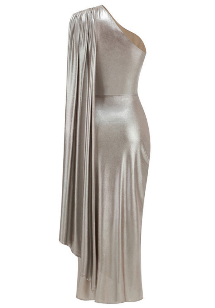 One Shoulder Draped Midi Dress Titanium