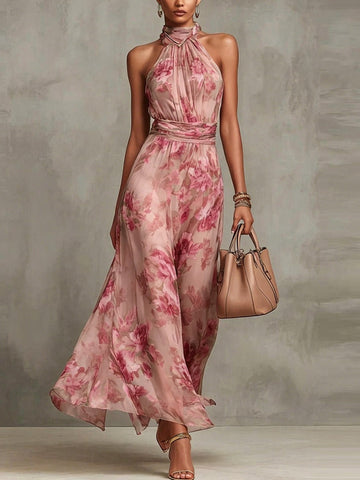 Pink Floral Chiffon Halter Maxi Dress
