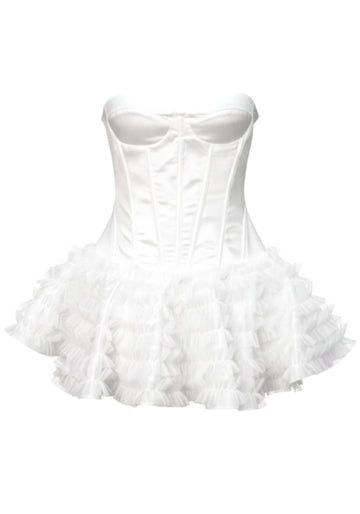 Strapless Ruffle Corset Skater Dress White