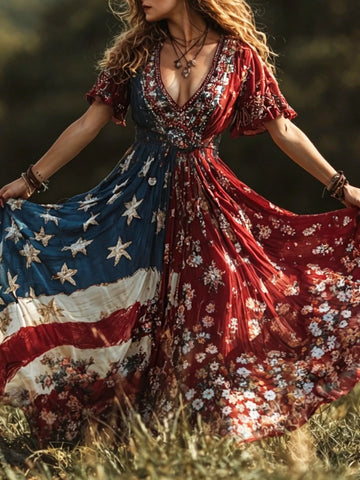Women's Retro American Flag Floral Print V-neck Short-sleeve Dress