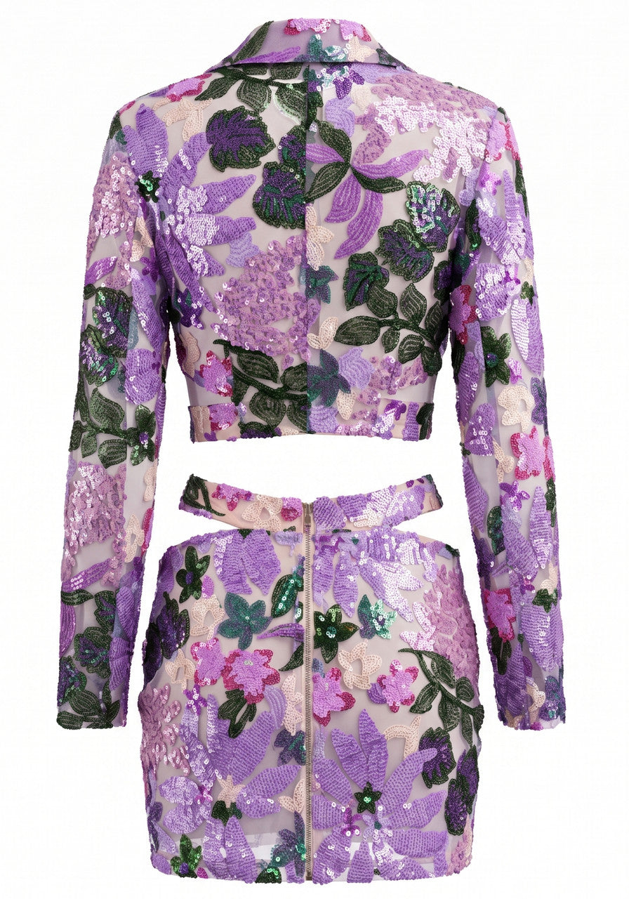 Long Sleeve Sequin Floral Two Piece Dress Purple