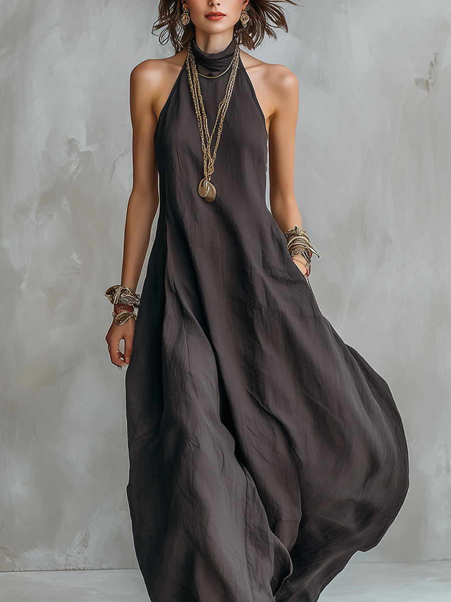 Charcoal Gray Bohemian Style Off The Shoulder Loose Maxi Dress