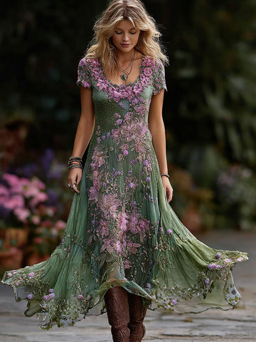 Women's Retro Purple Floral Gradient Pattern Casual Round Neck Dress