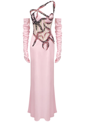 One Shoulder Crystal Corset Maxi Dress Pink