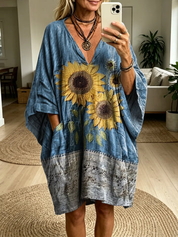 Women's Bohemian-Style Sunflower Art Print Batwing Sleeve Casual Fashion Dress