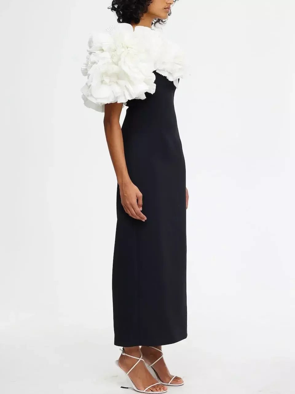 Pleated Frill Ruffle-Shoulder Midi Dress in Black and White