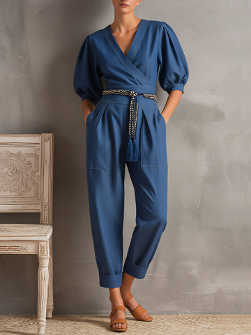 Women's Dark Blue Denim-Look Jumpsuit With Surplice Neck & Cuffed Ankles, Modern Effortless-Elegant Day Outfit MDZ2132D6LYL