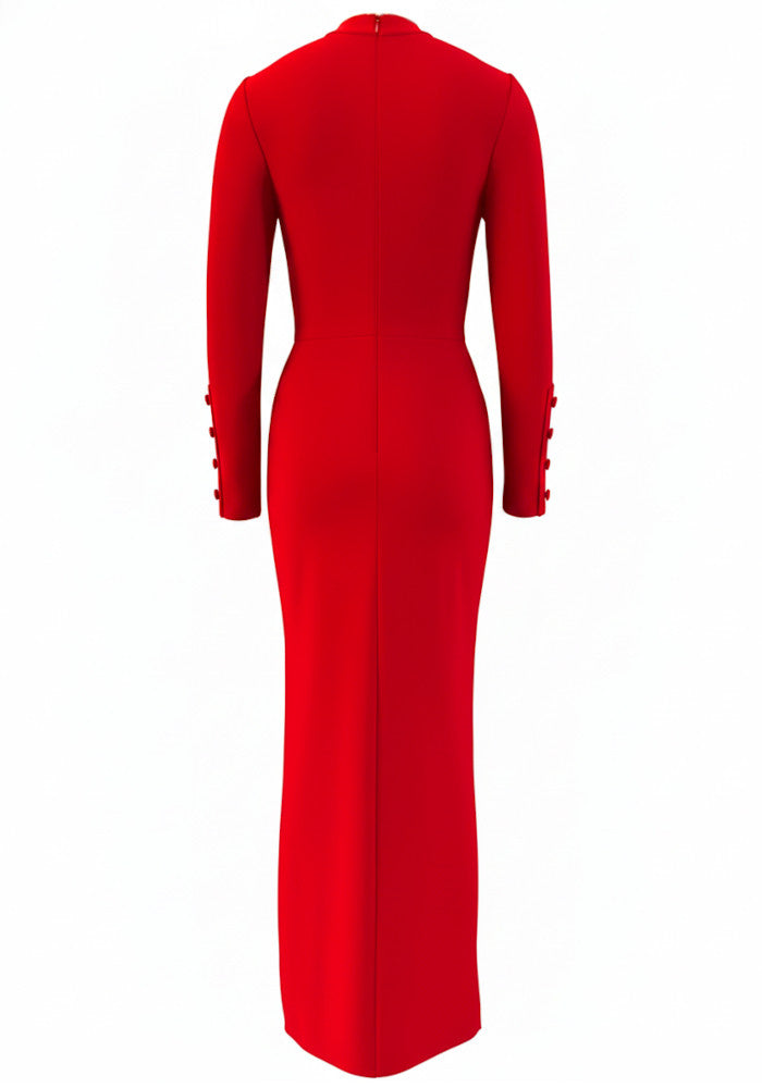 Long Sleeve Floral Crystal Maxi Dress Red