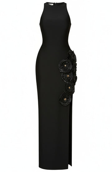 Embellished Flowers Maxi Dress Black