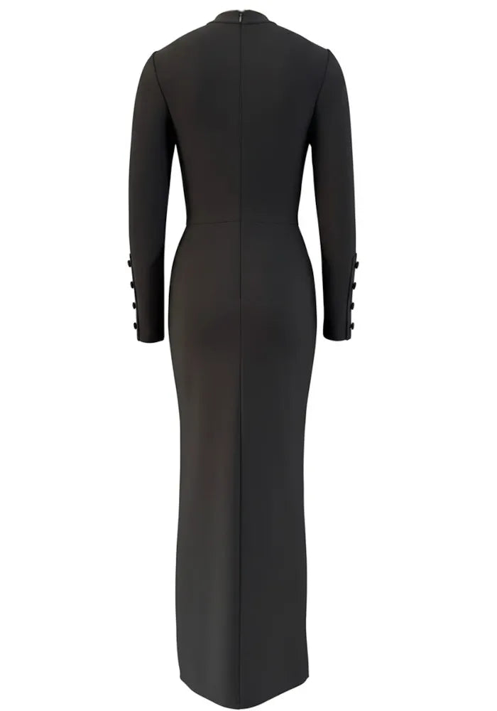 Long Sleeve Floral Crystal Maxi Dress Black