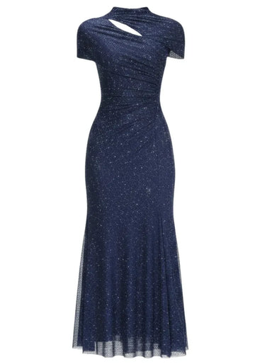 Short Sleeve Sparkly A Line Midi Dress Blue