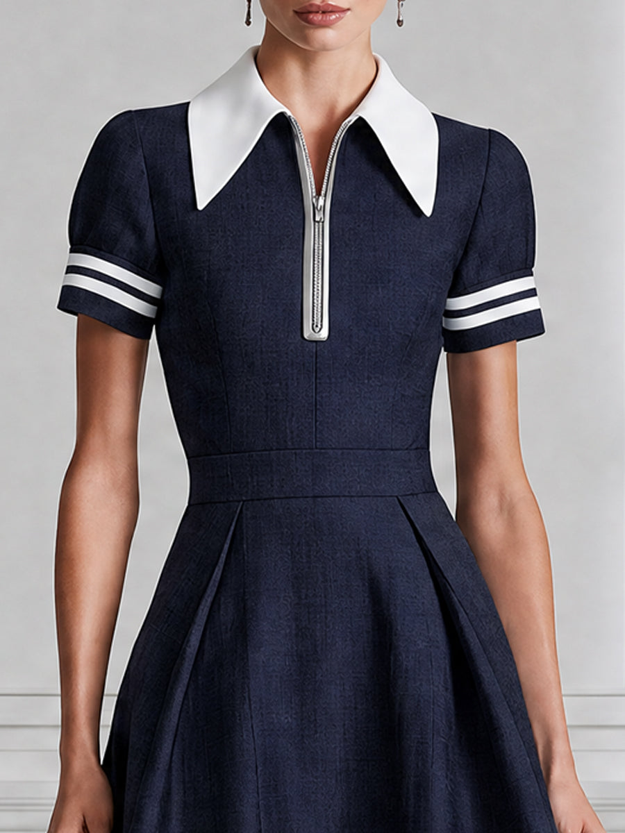 Contrast-Collar Half-Zip Nautical A-Line Midi Dress