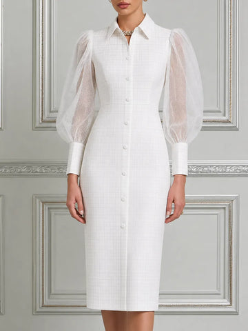 White Dress Sheer Puff Sleeve Button Front Pencil Midi Dress