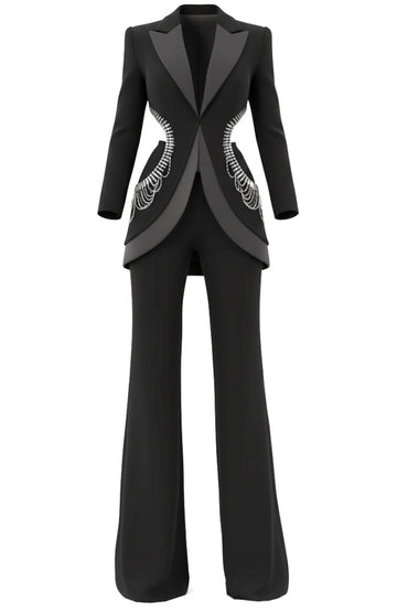 Long Sleeve Crystal Cut Out Detail Suit Black