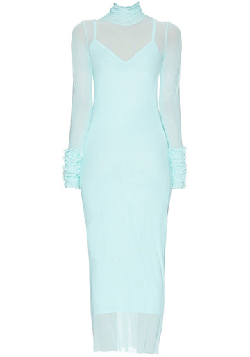 Ruffle Long Sleeve Mesh Maxi Dress Turquoise