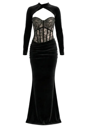Long Sleeve Lace Bustier Maxi Dress Velvet Black