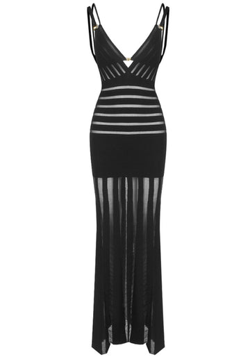 Striped Mesh Maxi Dress Black