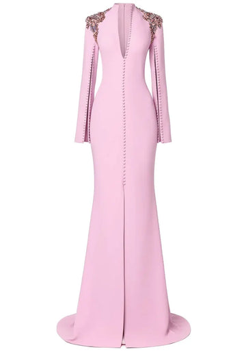 Long Sleeve Crystal Shoulders A Line Maxi Dress Pink