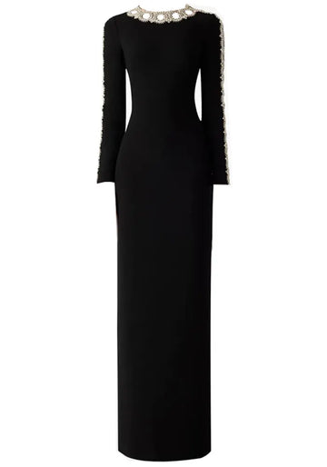 Long Sleeve Crystal Mesh Maxi Dress Black