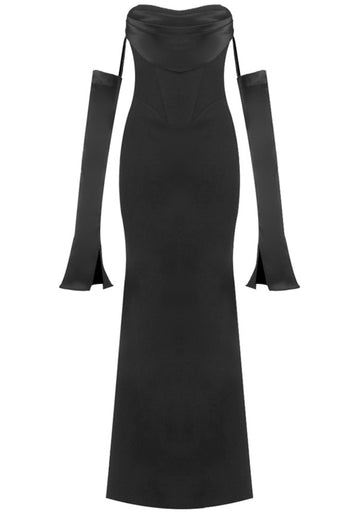 Long Sleeve Strapless Draped Maxi Dress Black
