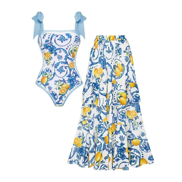 Lemon Print Tie-shoulder One Piece Swimsuit and Sarong or Skirt Flaxmaker