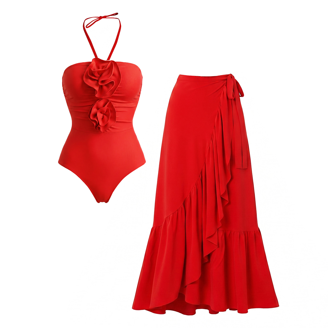 Halter 3D Flower One Piece Swimsuit and Skirt Flaxmaker