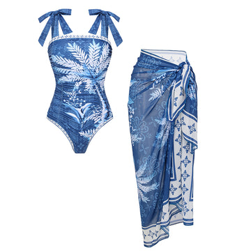 Sling Tummy Control Blue Coconut Tree Print Swimsuit Set(s)