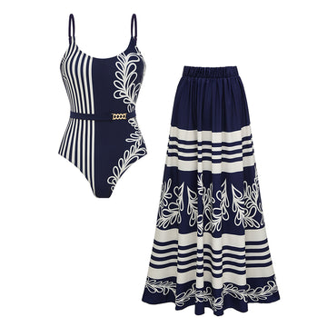 Adjustable Shoulder Straps Printed Navy Blue Swimsuit Set(s)
