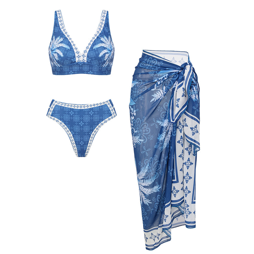 V Neck Blue Coconut Tree Print Bikini Swimsuit Set(s)