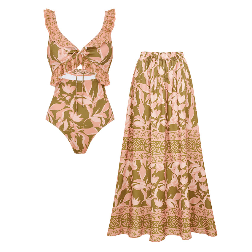 Ruffle Lace Up Cut Out Printed Swimsuit Set(s)
