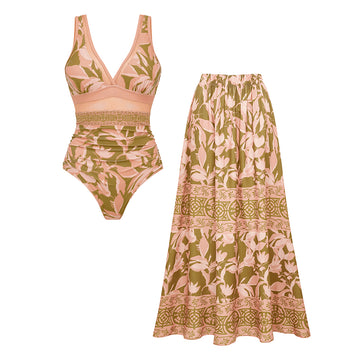 V Neck Mesh Splicing Print Swimsuit Set(s)