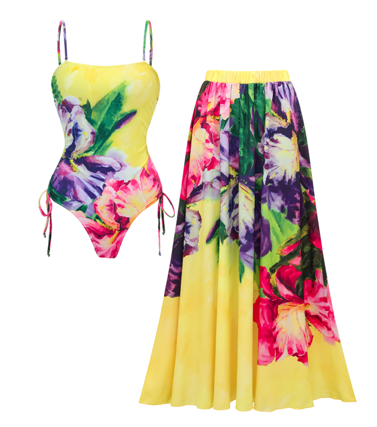 Yellow Oil Painting Flower Print Swimsuit and Sarong