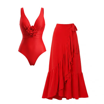 Detachable 3D Flower Red One Piece Swimsuit and Skirt Flaxmaker
