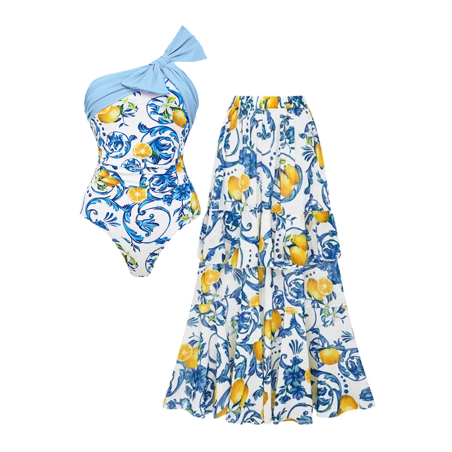 Lemon Print One Shoulder One Piece Swimsuit and Sarong or Skirt Flaxmaker