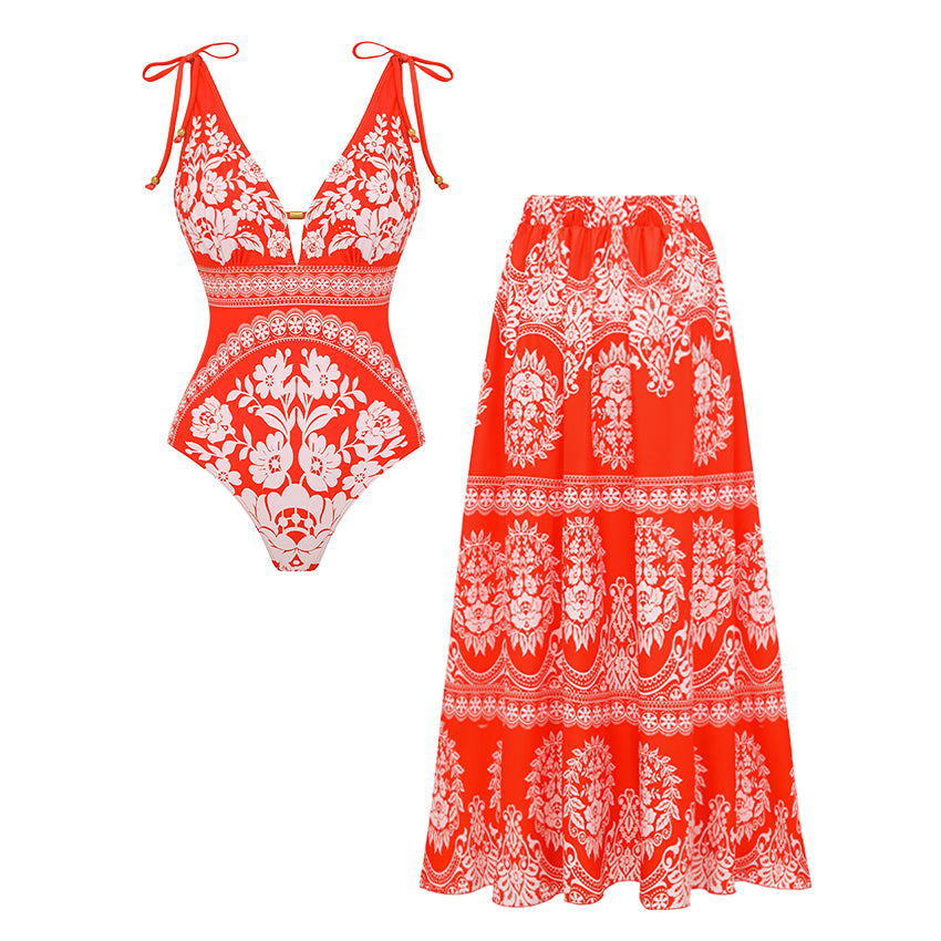 V Neck Bow-detailed Red Printed Swimsuit Set(s)
