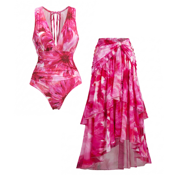 Floral Printed One Piece Swimsuit and Skirt