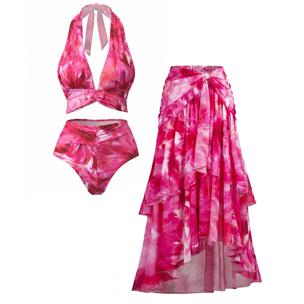 Floral Printed Halter Bikini Swimsuit and Skirt