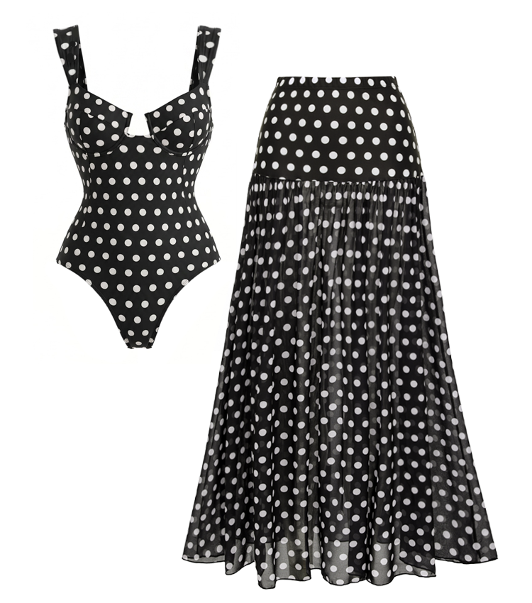 Cut Out Black Polka Dots Print Swimsuit Set(s)