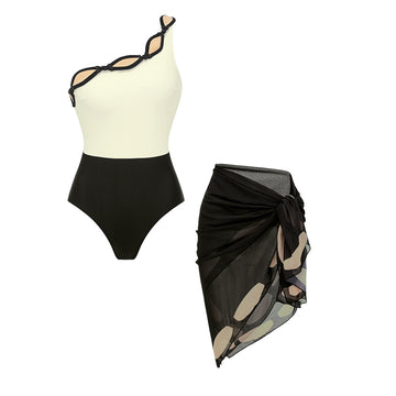 One Shoulder Color Block Rhombus-patterned Trim Swimsuit Set(s)