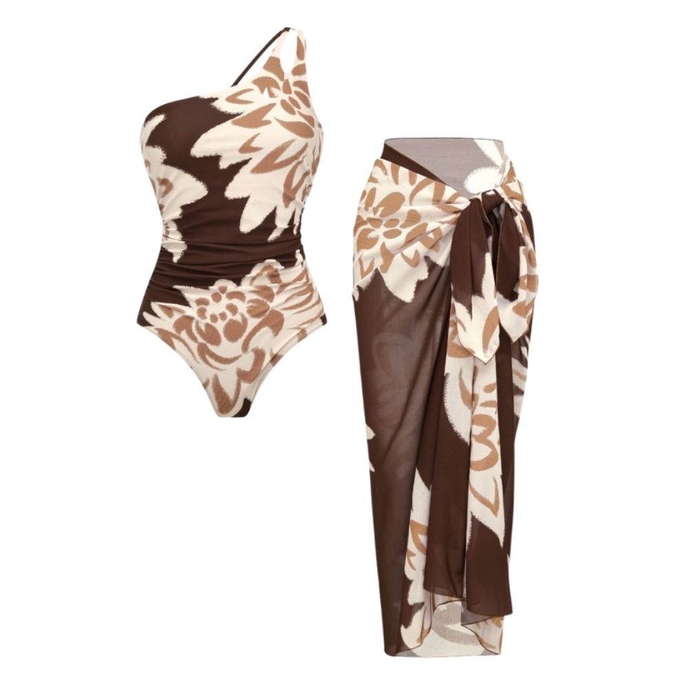 One Shoulder Printed One Piece Swimsuit and Sarong
