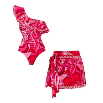 One Shoulder Ruffle Printed One Piece Swimsuit and Sarong